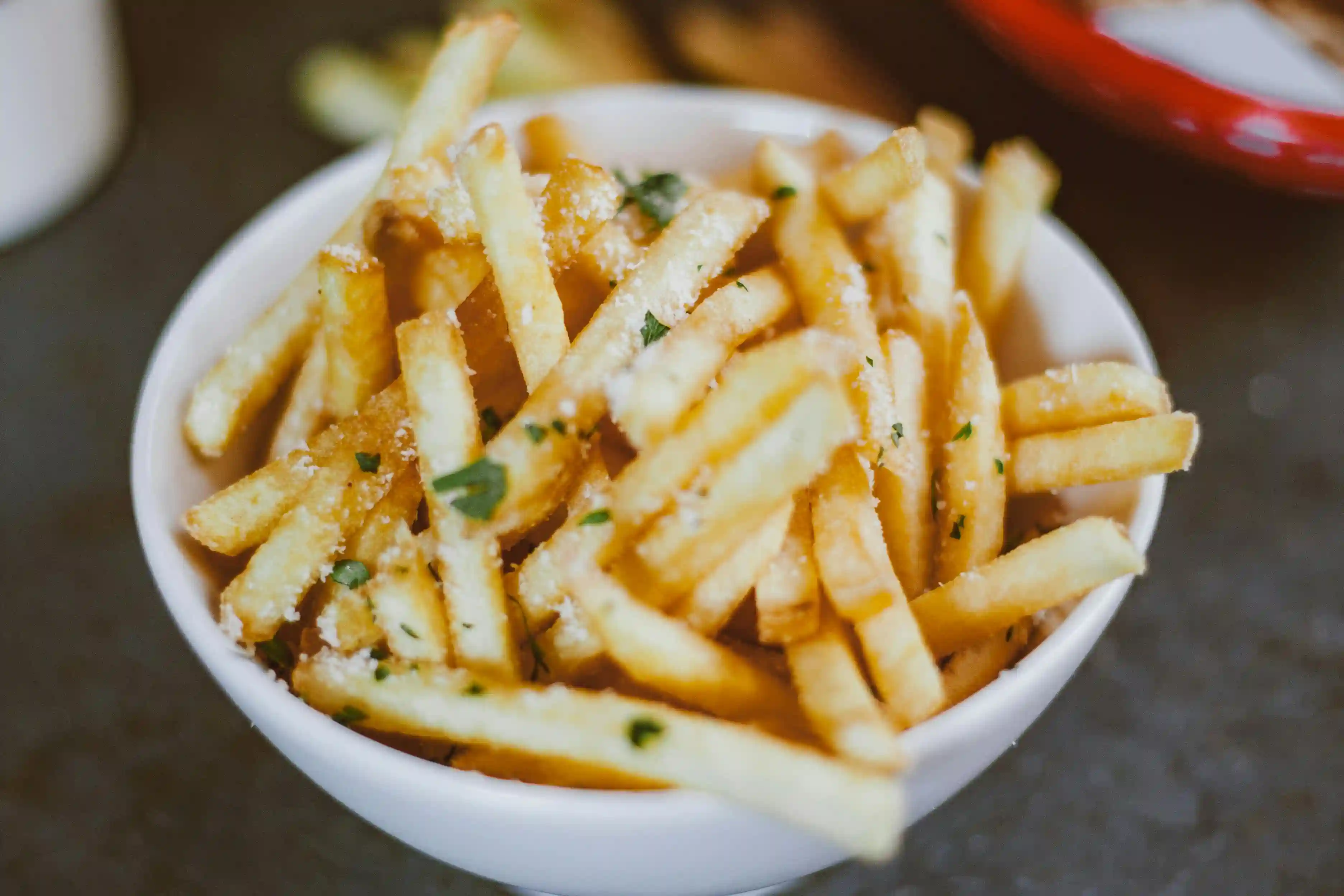a picture of a classic cut fries in a white porcelein bowl seasoned with salt and seasonings